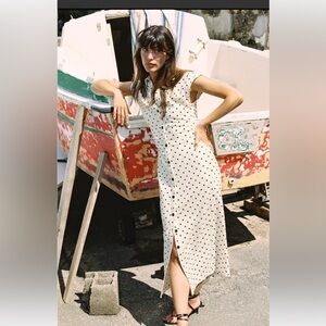 Zara linen blend midi polka dot dress. New with tags!